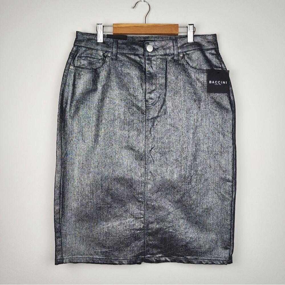 Baccini Metallic Jean Skirt Silver Denim Size 8 Fitted Pencil skirt - Picture 11 of 11